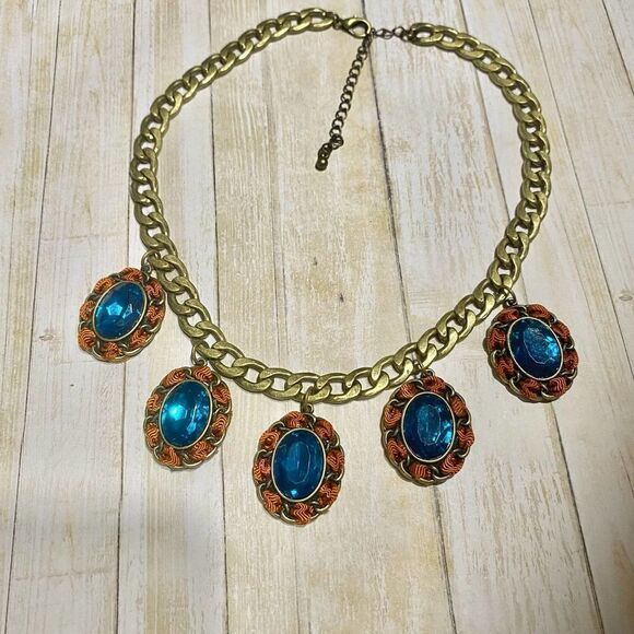 Vintage Chunky Chain Blue Crystal Statement Necklace - Picture 7 of 10